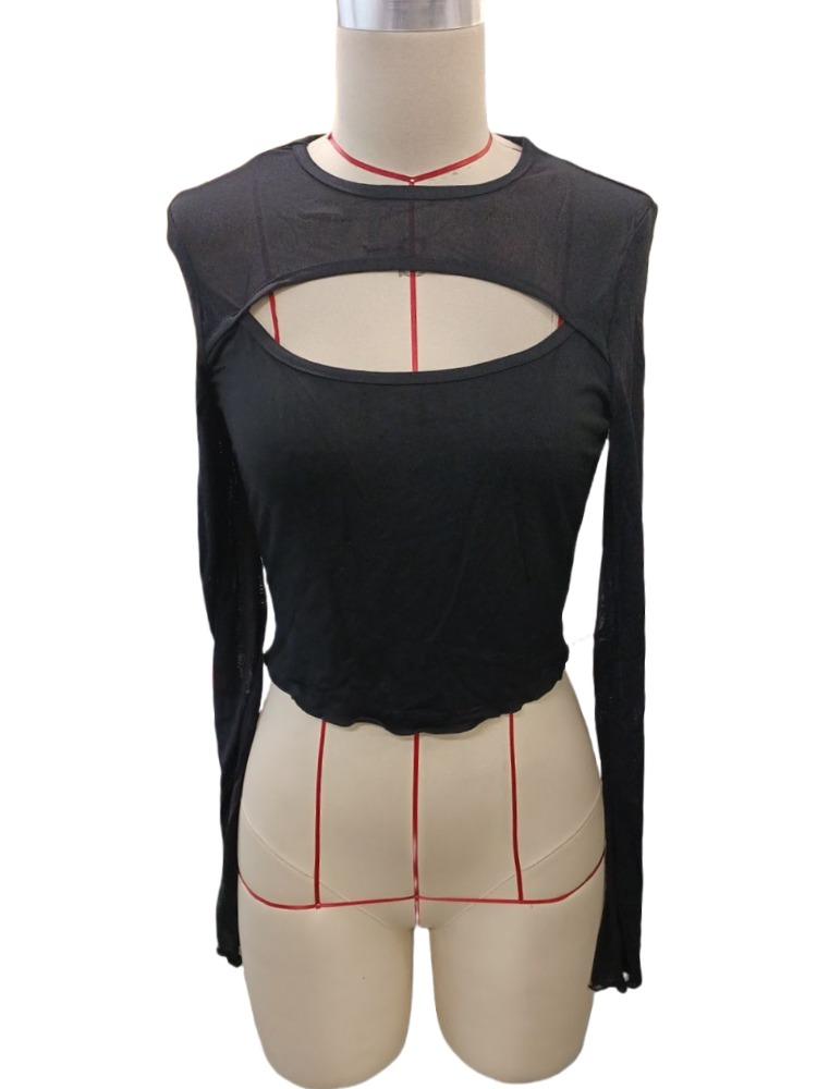 Sexy Front Hollow Mesh Splicing Long-sleeved Short T-shirt Skinny Tops Female Versatile Closet Essential Fashion Items Shirt