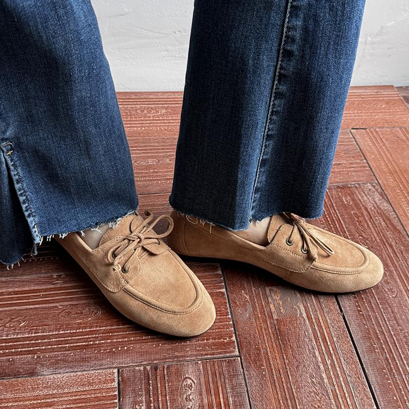Fashion Women Pumps Low Heels Round Toe Lace Up Sheep Suede Quality Shoes Woman Retro Lace-Up Office Lady Working Spring Summer 2025 New
