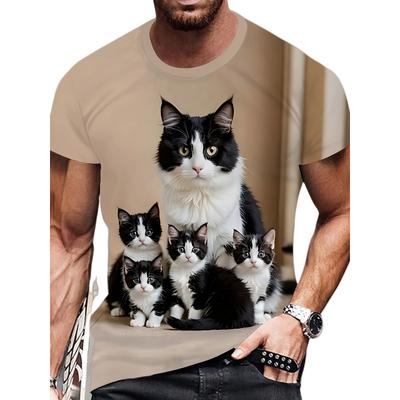 Herren T-Shirt mit lustigem Katzenaufdruck, Modisches Grafisches Kurzarm Oberteil mit Rundhalsausschnitt, Lässige Herrenbekleidung für Draußen