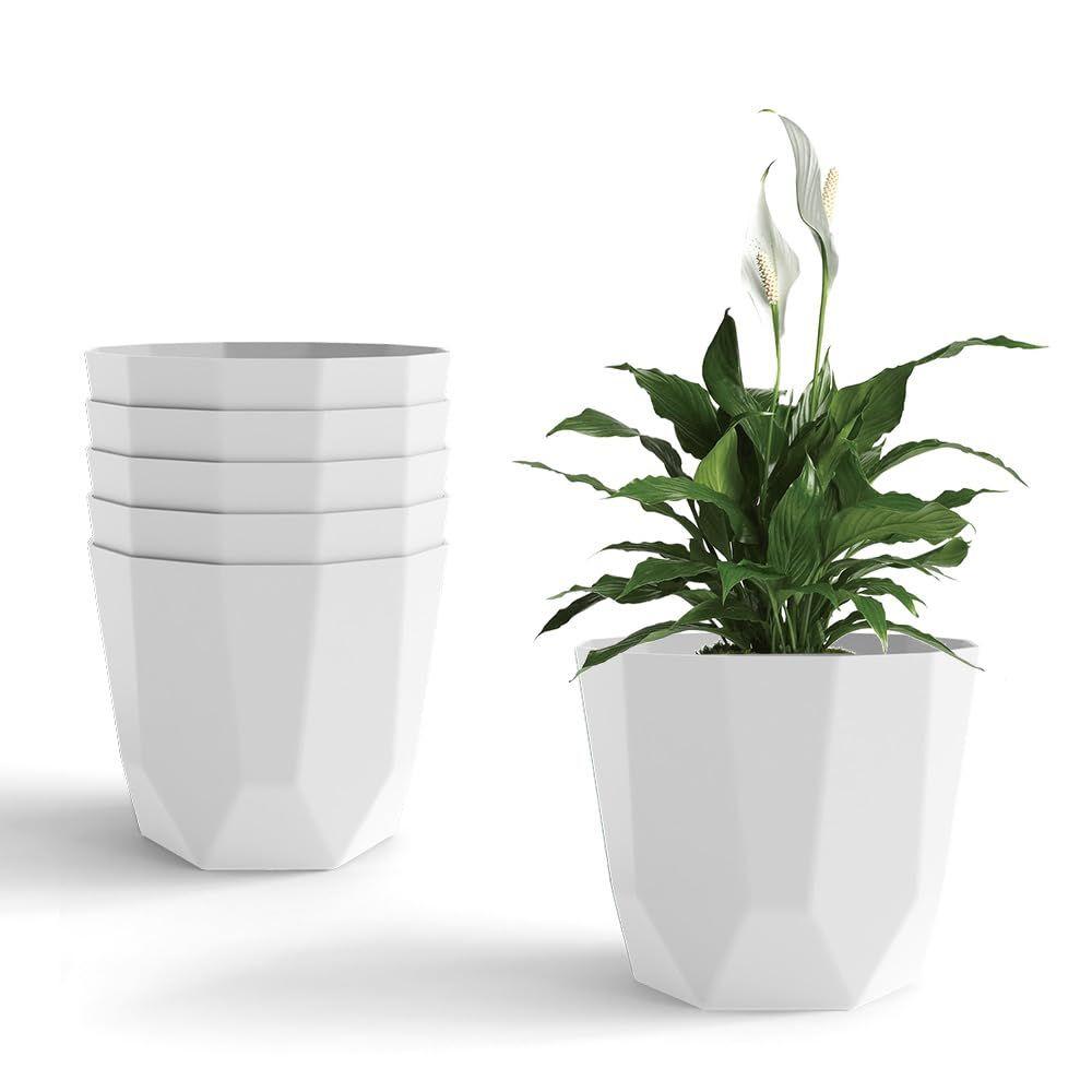 Plastic Flower Pot with Drainage Holes Round Planter Pot Suitable for Indoor Outdoor Kitchen Garden (White, 10 INCH - 6 Pcs)