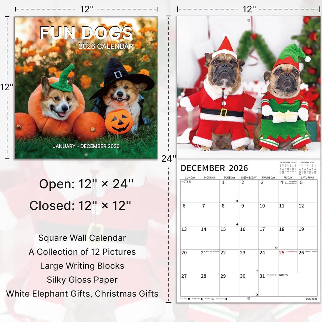 2026 Wall Calendar, 2026 Funny Dogs Calendar, 12 Months from Jan 2026 - Dec 2026, 12" x 24" Open, Funny Wall Calendar, Cute Dog Calendar with Thick