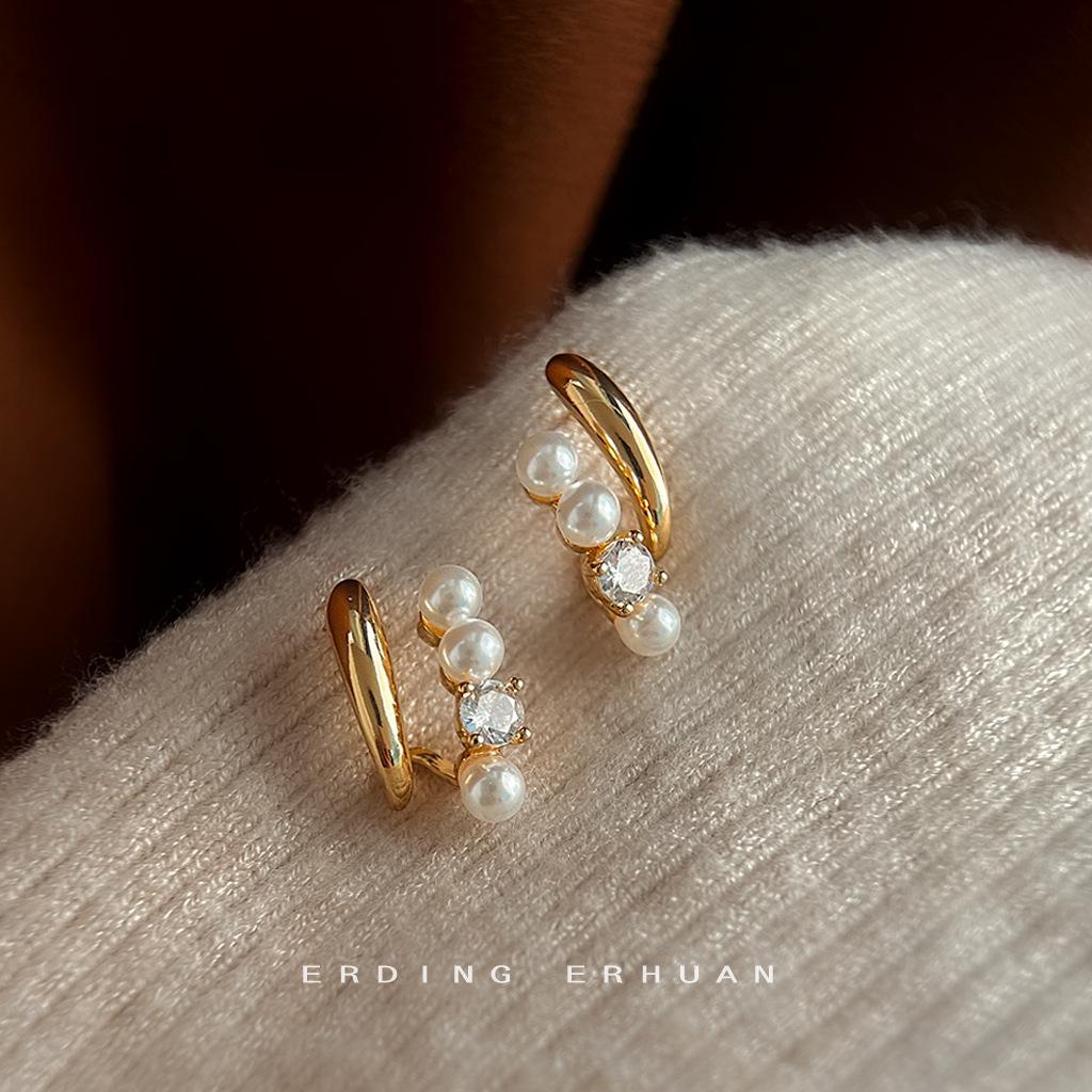 Fashion commuter 925 silver needle plated 14K versatile micro-inlaid zircon pearl stud earrings temperament earrings