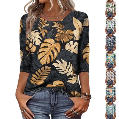Trendy Vintage 3/4 Sleeve Top For Women,Ladies Casual Three Quarter Sleeve Round Collar Printed T-Shirt Blouse