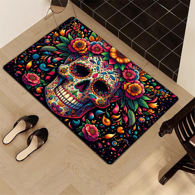 Halloween Smiling Flowers Skull Doormat Soft Rug For Bedroom Living Room Carpet Welcome Mat Outdoor Carpet Home Decoratio