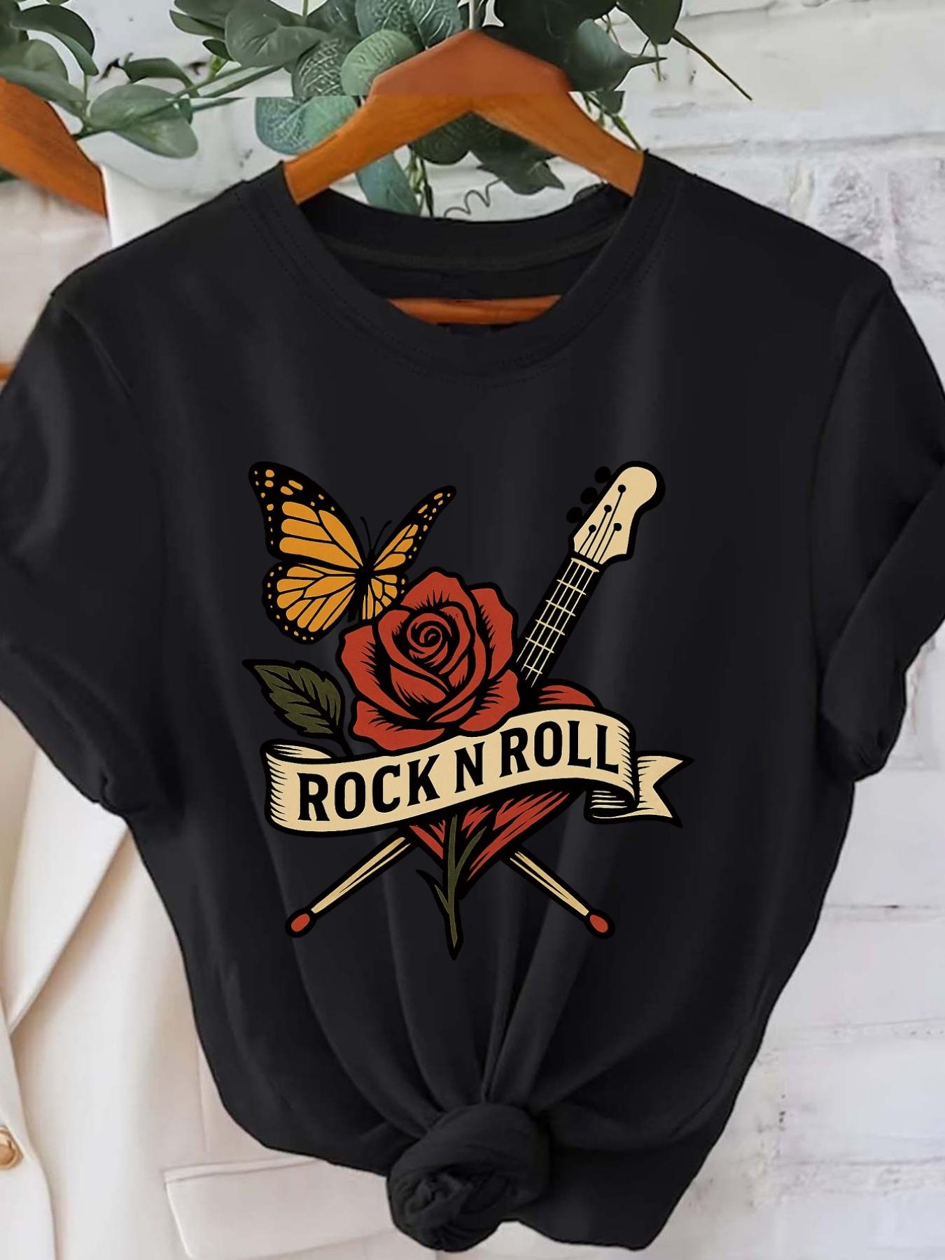 

Camiseta de verano con estampado de diseño de rosa de Rock y mariposa para mujer camiseta informal de Unisexga corta con cuello S