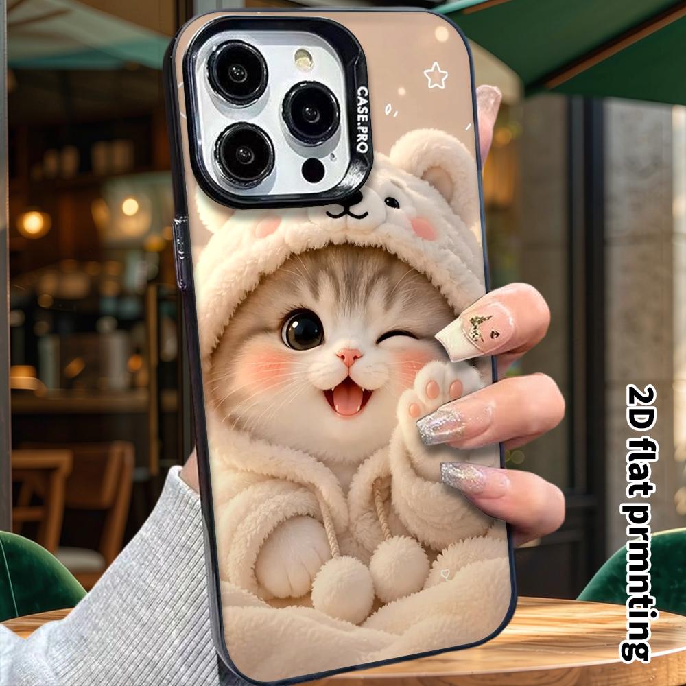 Phone Case: 2D Flat Design Suitable for iPhone 18 17 16 15 14 13 Pro, Colorful Silver Protective Case, Couple Style, Little Kitten Body Suit, Christma