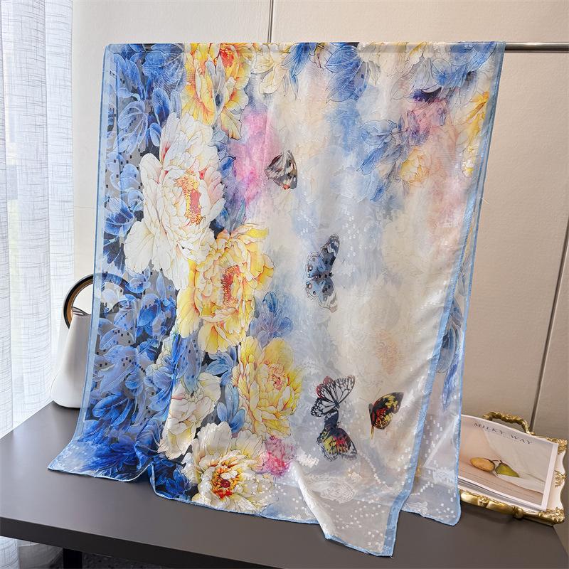 Feihuayun Printing Flower Cutting Spring and Summer Silk Scarf Large Long Scarf High-end Travel Shawl Sun Protection Women's Scarf Headscarf