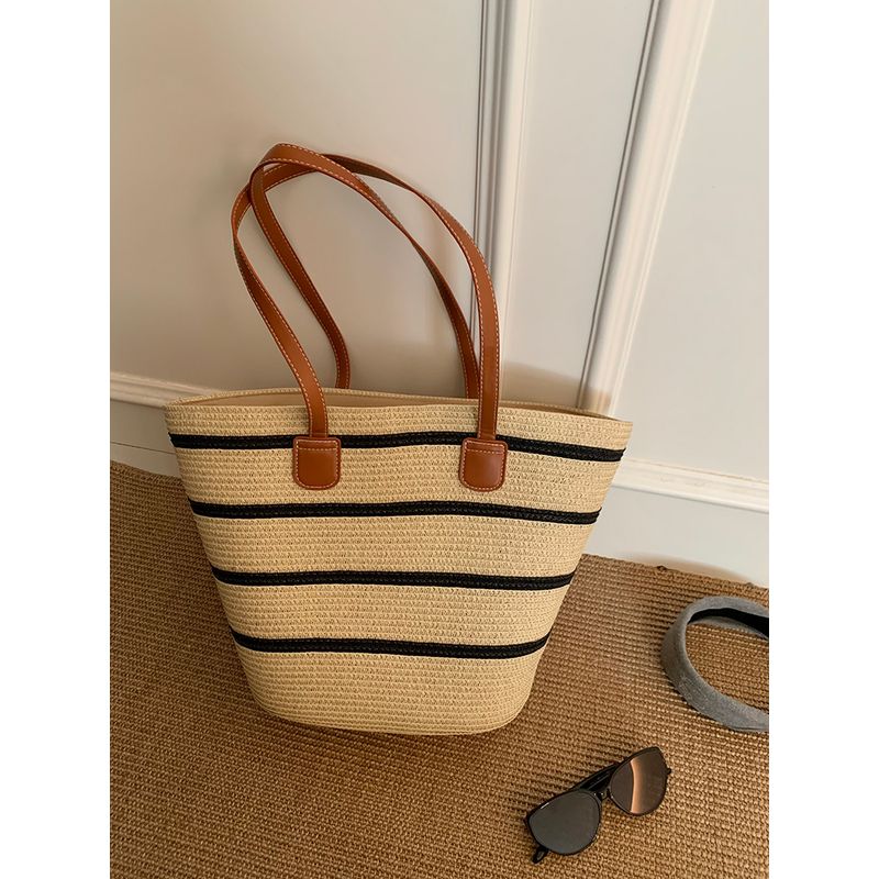 

French Pastoral Style Straw Woven Bag Women s Summer Seaside Beach Large Capacity Shoulder Bag Fashion Commuter Tote Large-striped high about 28cm wide about 36cm]