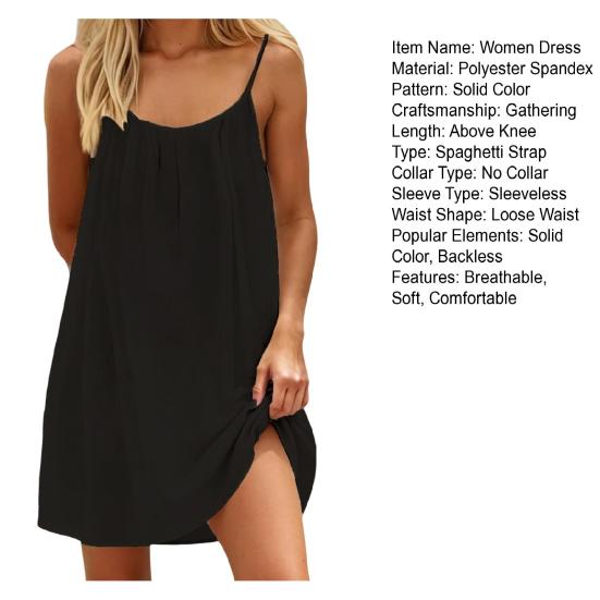 Women Backless Cami Dress Summer Spaghetti Strap Mini Short Dress Beach Vacation Loose Casual Above Knee Sleeveless