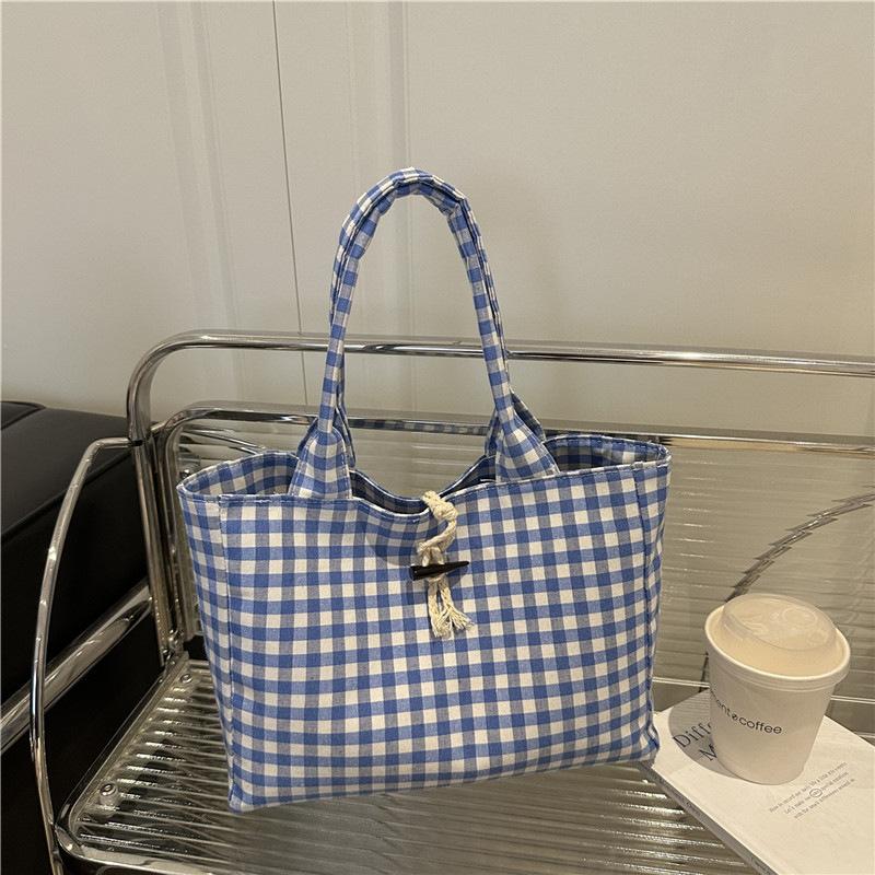 Large Capacity Plaid Canvas Tote Bag Women's Korean Version Versatile Casual Portable Shoulder Bag Light Fashion Armpit Bag