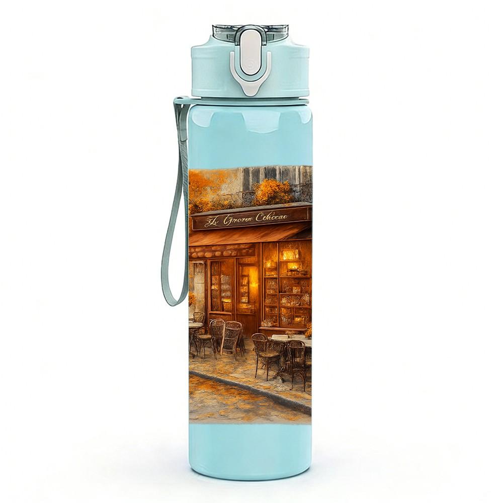 1PC Vintage Street Cafe Night View 750ml Color Plastic Sports Water Bottle Leakproof Flip Straw Lid Suitable for Sports Office Home Use