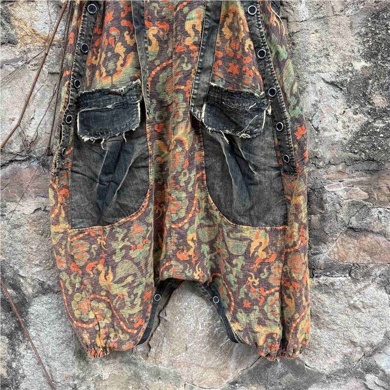 Retro and old printed cotton and linen denim overalls spring and summer loose meat covering personality two-wear sleeveless jumpsuit trendy brand