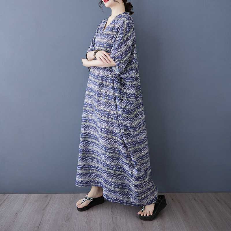 Summer Color Vacation Style Tourism V-neck Retro Long Skirt Cotton Linen Dress