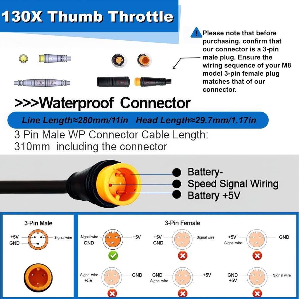 Upgraded Ebike Thumb Throttle 130X,Waterproof 3-Pin Connector for 12V-72V Ebike Throttle,Left/Right Universal Fit 22.2mm Handlebar,Speed Control