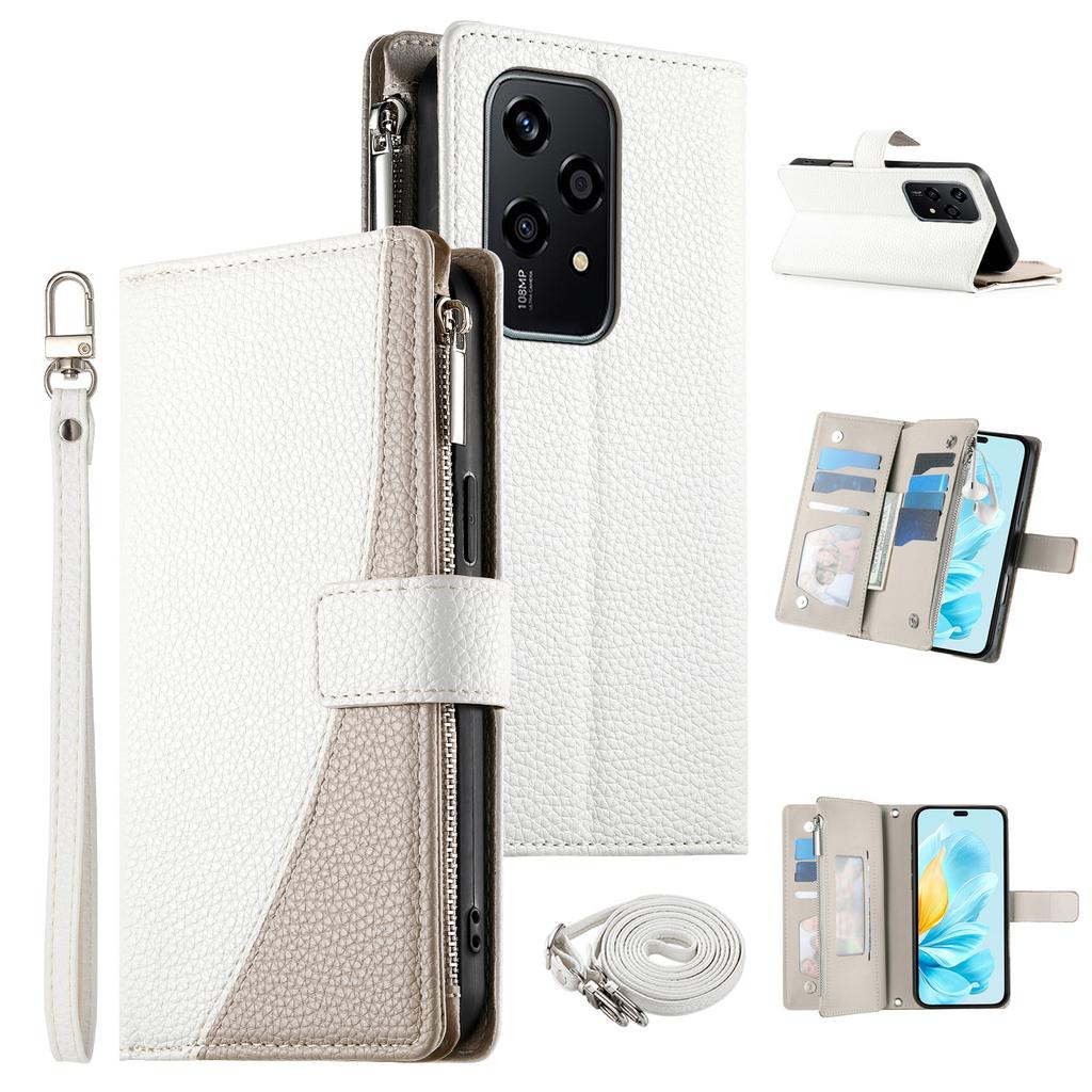 For Honor 200 Lite Case Zipper Wallet Color Splicing Leather Flip Phone Cover with Straps