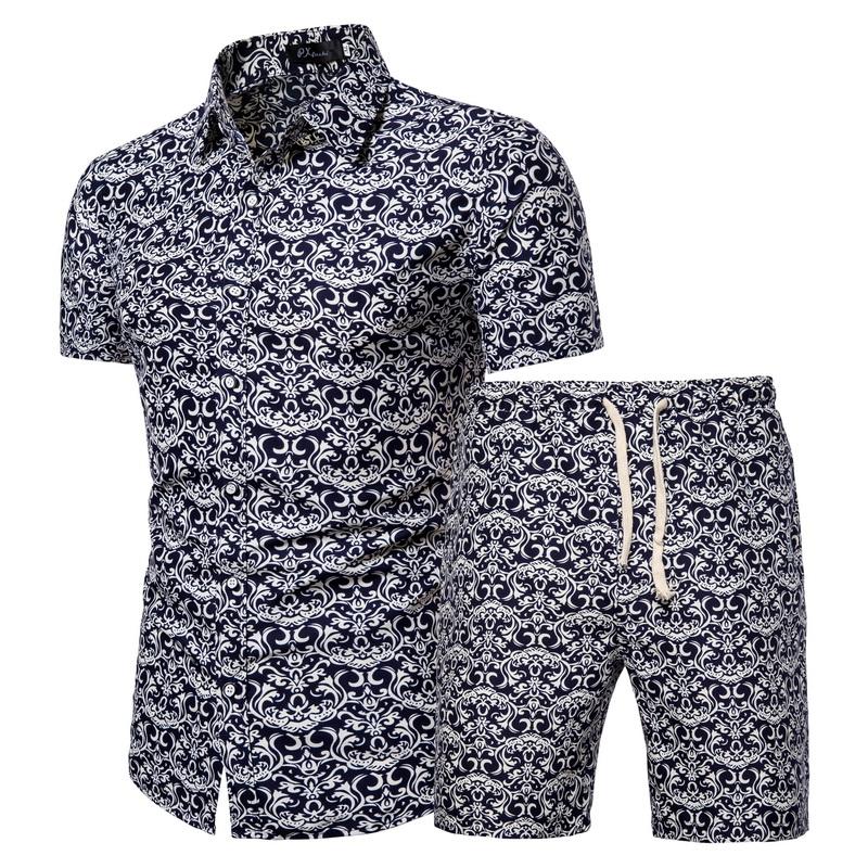 Men Sets Men Clothing Short Sleeve Shirt Shorts Set Floral Printed 2 Piece Set Summer Beach Wear Outfit for Men
