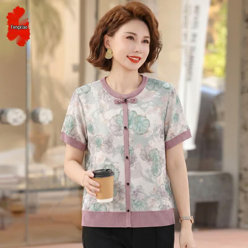 Elderly Women s Floral Short Sleeve T-Shirt 5XL