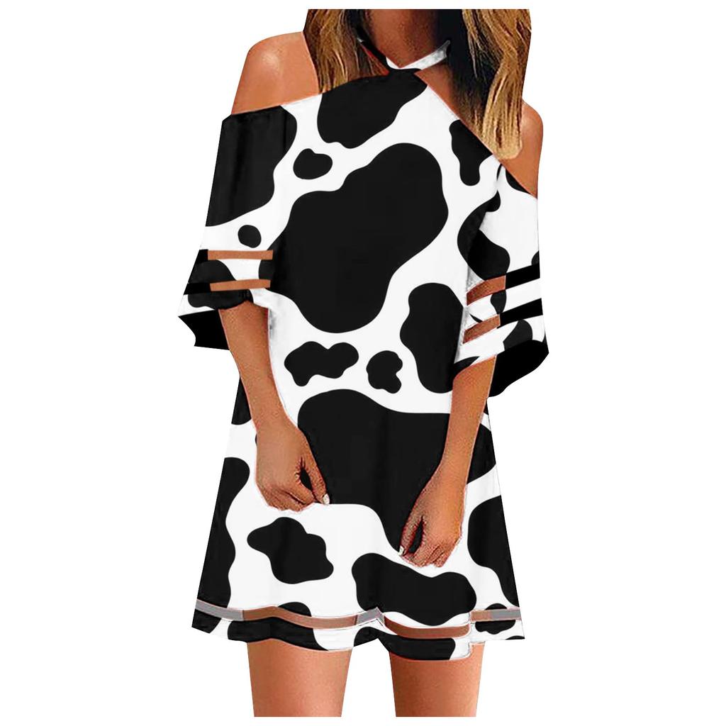 Fashion Womens Loose Summer Print Hanging Neck Strapless Short-sleeved Dress