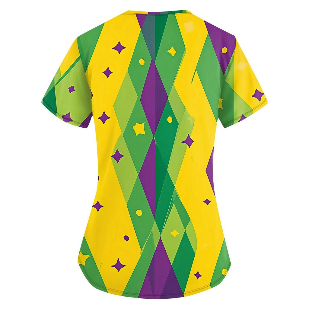 Women's Fashion V-neck Short Sleeve Workwear With Pockets Printed Tops