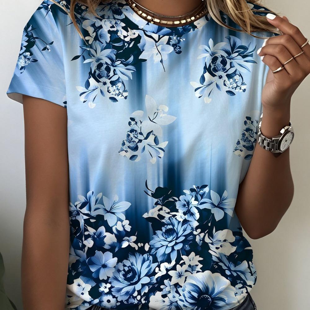 Summer Fashion Women's Blue Gradient Floral Print Round Neck T-shirt