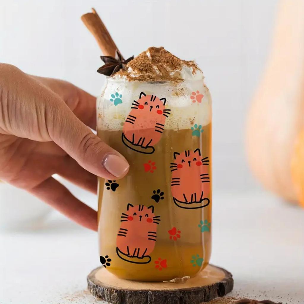 1pc 16oz Cartoon Sticker Transparent Glass Tumbler Cute Fat Orange Cat Sticker Milk Cup Coffee Cup Suitable For Daily Use