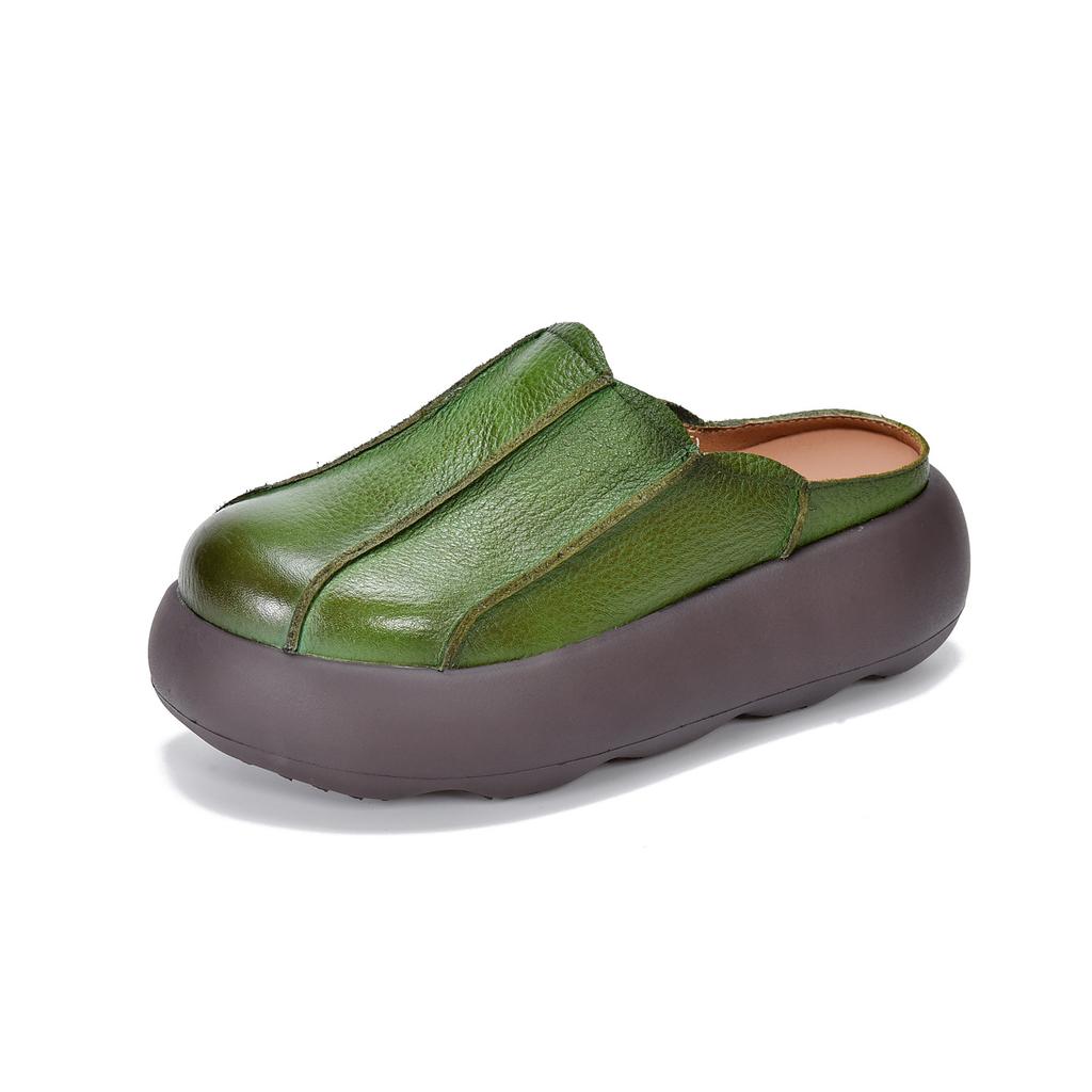 Johnature Vintage Genuine Leather Thick Soled Outdoor Slippers Round Toe Women's Slip-on Shoes