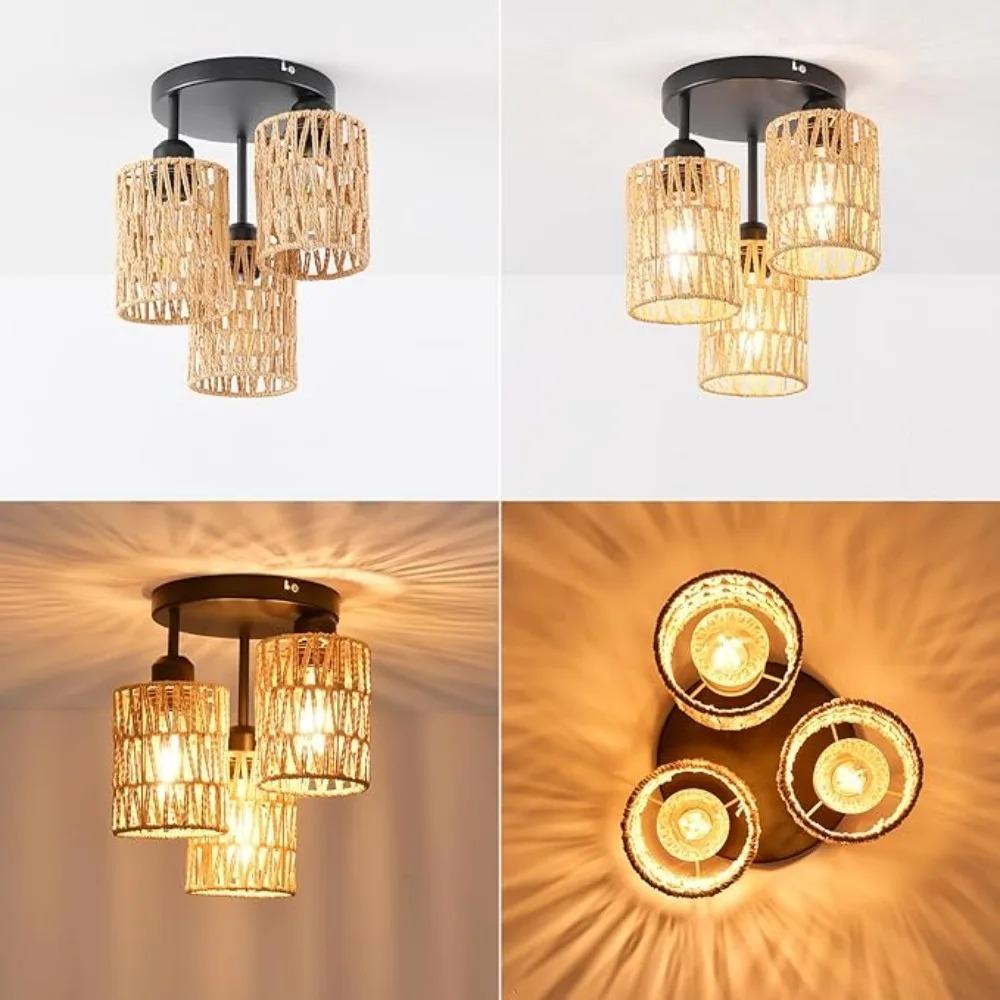 Retro Vine Pendant Light 3-Lights Rattan Light Fixture Light Chandelier Lighting Hand-woven Wicker Ceiling Light Restaurant