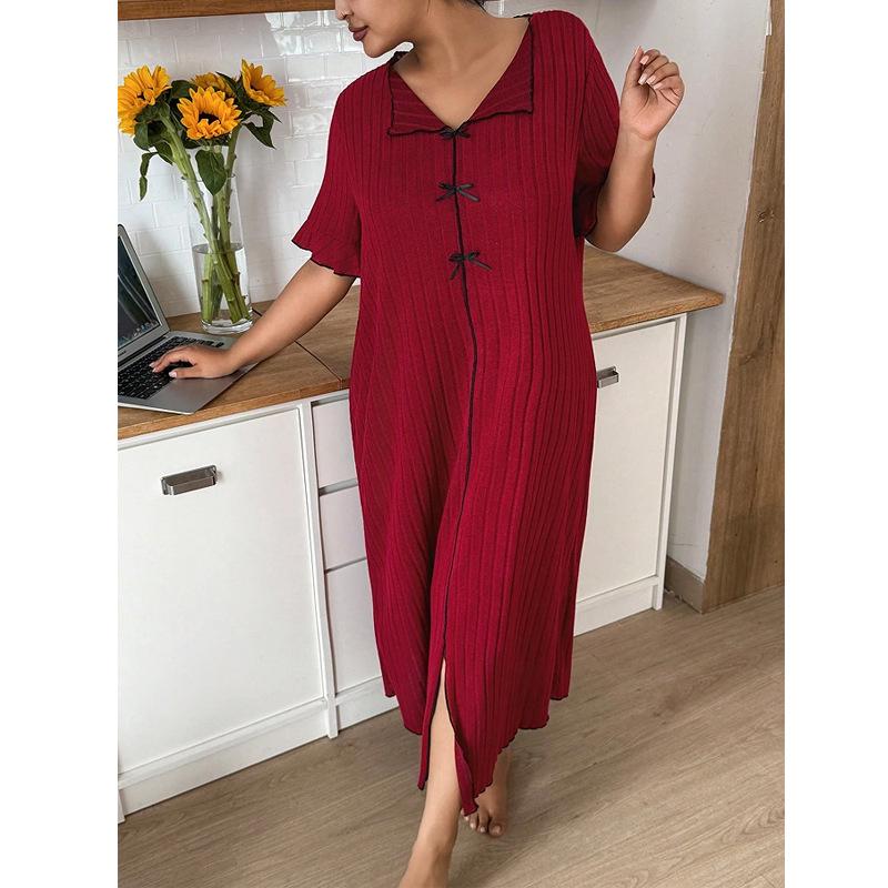 Women's Plus Size Loose Nightgown with Lapel Bow, Short Sleeve – Spring/Summer Collection