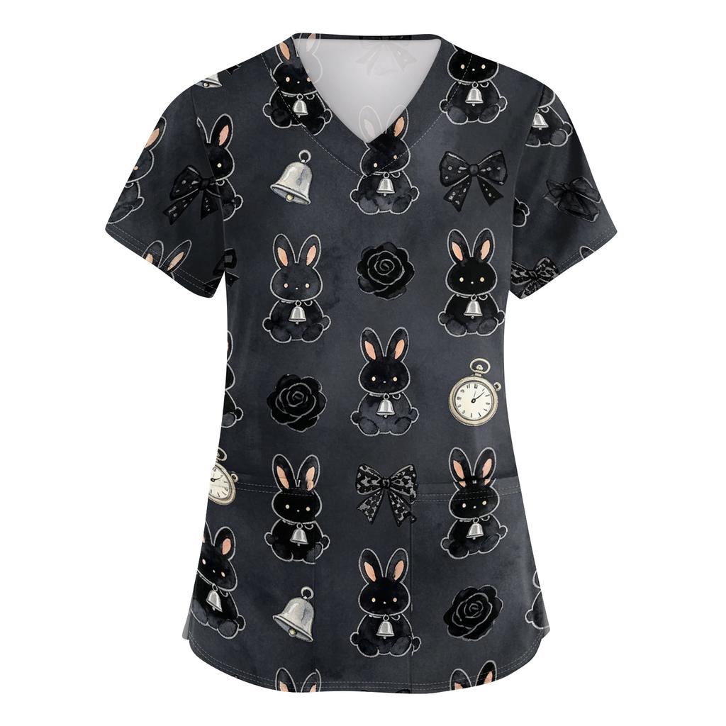 Women's V Neck Short Sleeve Work Top with Pockets Animal Print Medical Scrub Shirt for Healthcare Professionals Comfortable Fit
