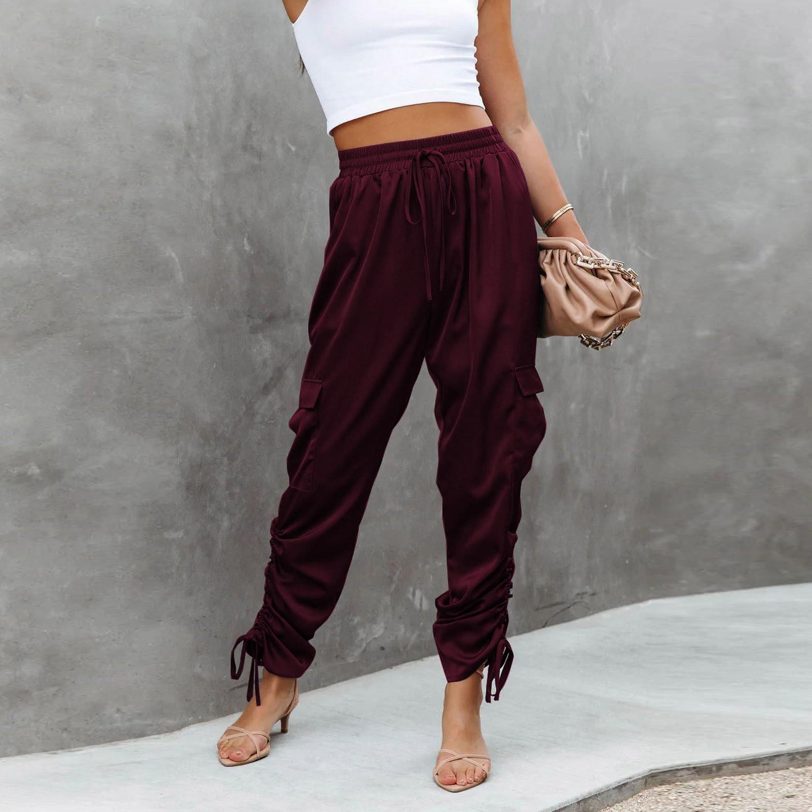 

Женские брюки с эластичной талией и карманами, повседневные брюки, свободные женские брюки M винный