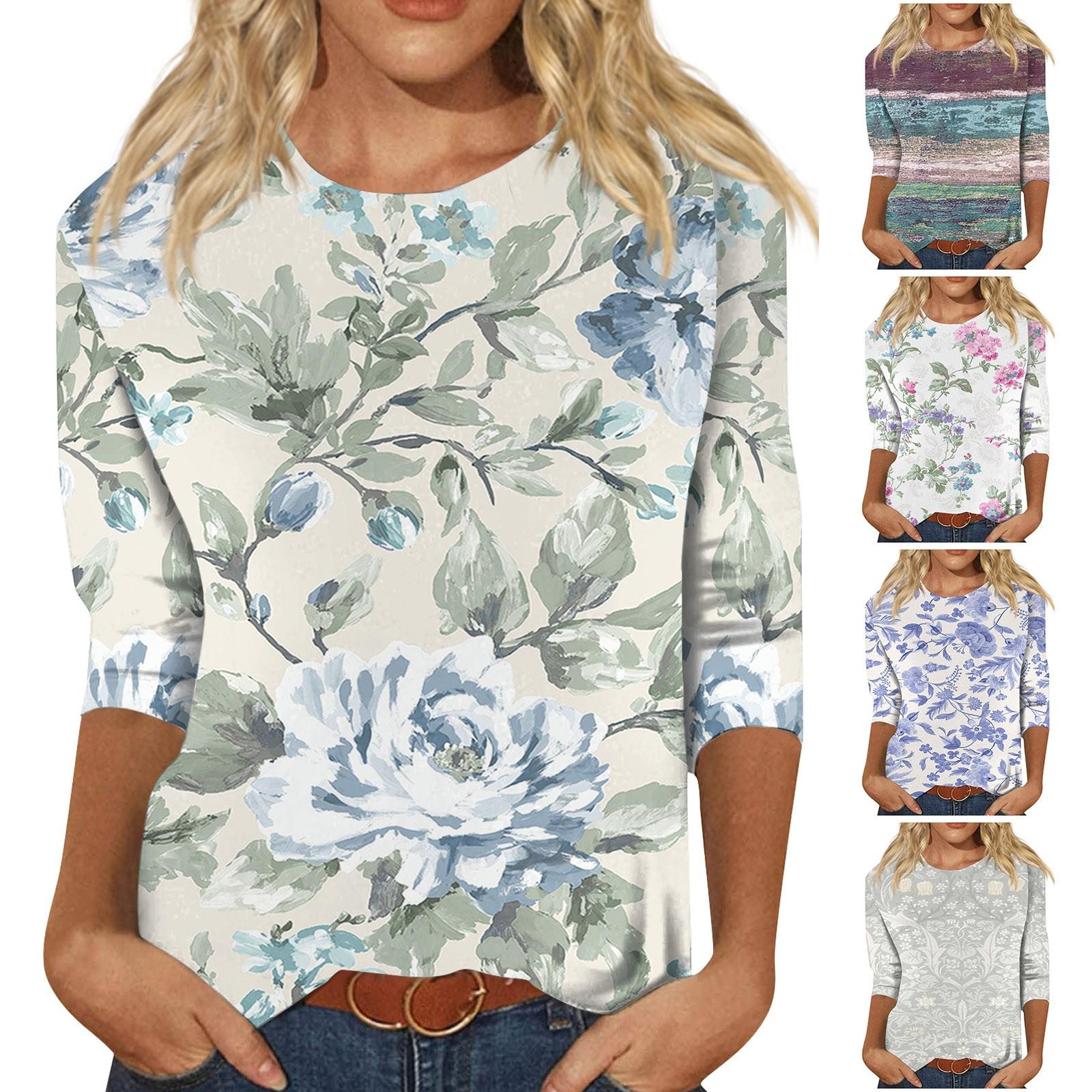 

Женский модный повседневный топ с круглым вырезом и семиточечным рукавом с принтом