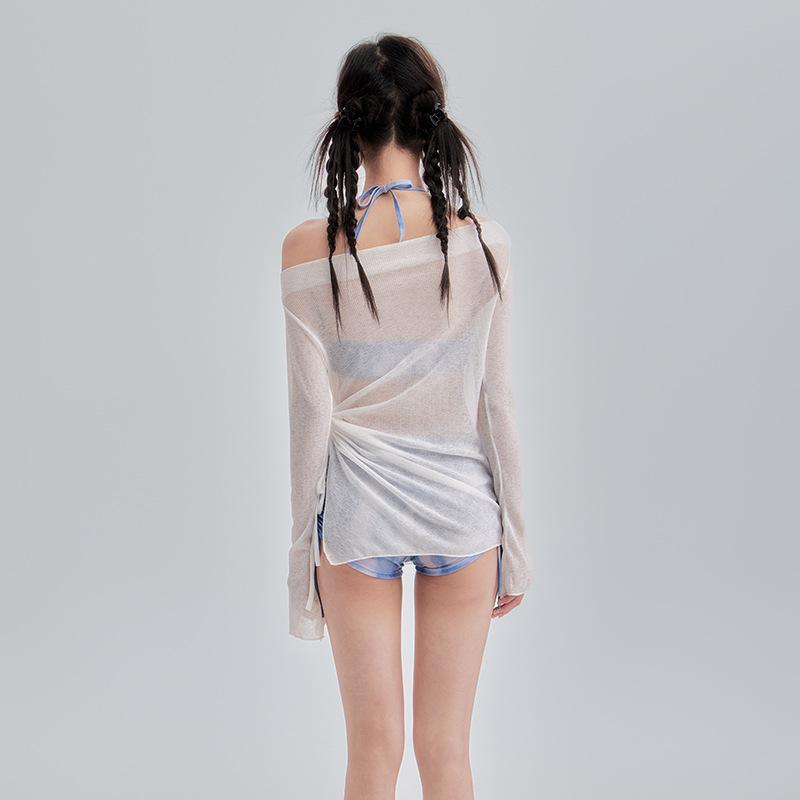 Damski trzyczęściowy zestaw kąpielowy: Bluzka z nadrukiem, Denim, Zakrywająca brzuch dla wyszczuplającego wyglądu, Konserwatywny styl gorących źródeł, Mały biust, Czysta elegancja.