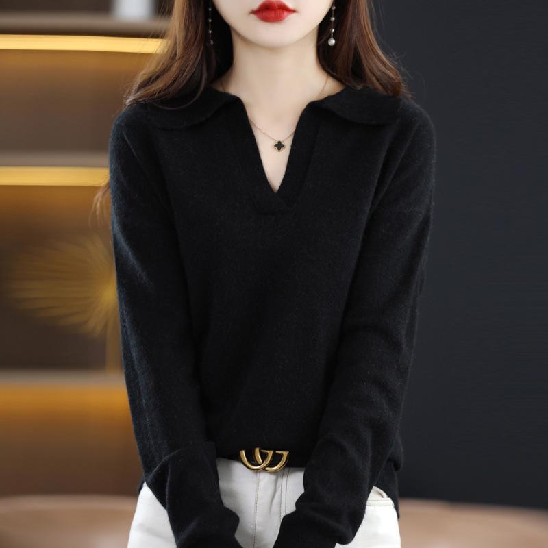 Women's Loose Polo Sweater: 100% Wool Knitwear with Soft Feel, Ideal for Autumn/Winter As Base Layer, Pure Wool Collar.