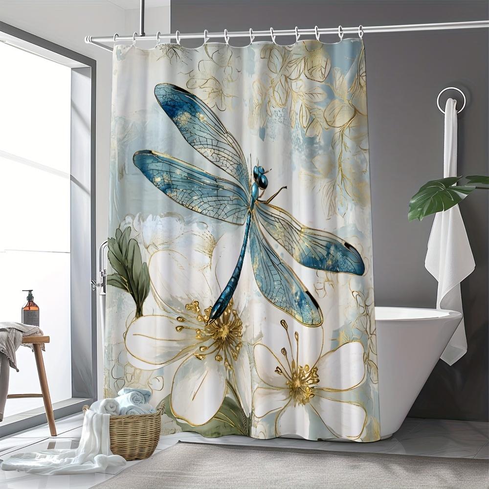 Elegant Floral Dragonfly Shower Curtain Blue White Animal Print Polyester With Hooks Modern Bathroom Decor All-Season Use