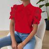 Women's Summer Bow Tie Neck Satin Blouse 3D Floral Mesh Short Sleeve Solid Color Elegant Commuter Office Casual Shirt Top
