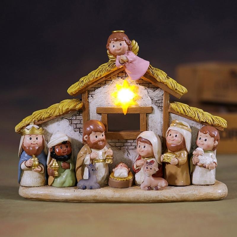 Celebratory Christmas Nativity Set Resin Figurines Nativity Scene with LED Accent Light for Home Office Decoration