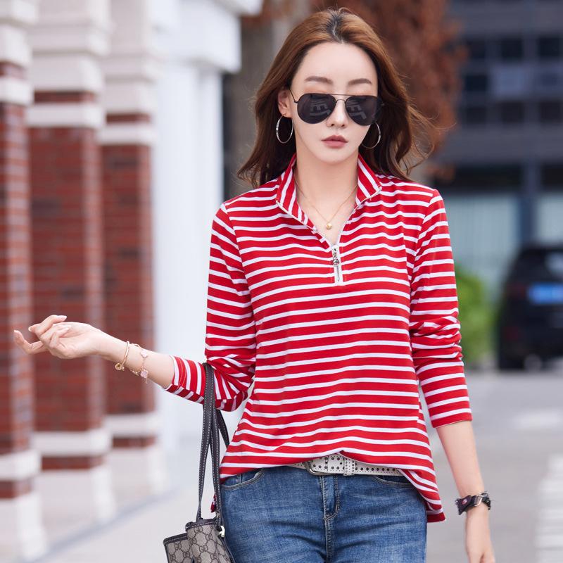 

Весенне-осенняя новая полосатая футболка на молнии с длинными рукавами и лацканами, женская хлопковая корейская версия, тонкая повседневная рубашка-поло 3XL
