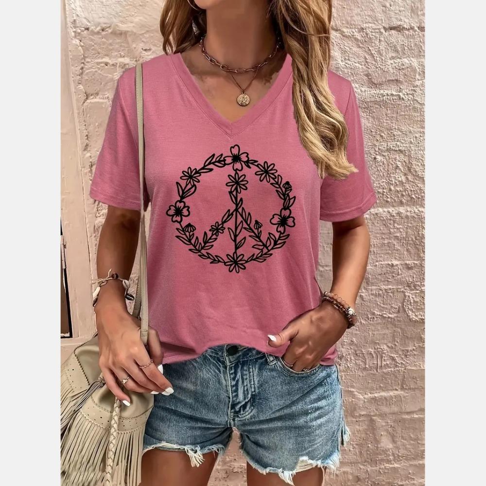 Women's V-neck T-shirt, peace symbol print, short-sleeved, casual, clothes, oversized, urban,fashion