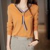 Women's Korean-Style Casual V-Neck Contrast Color Ribbon Knitwear  Loose Slimming Long-Sleeve Sweater