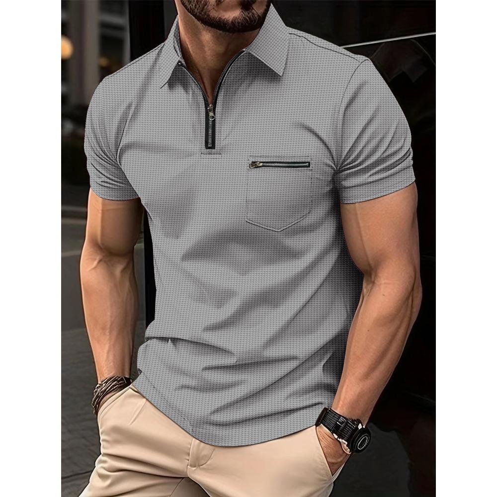 New Waffle-Pattern Men's Polo Shirt with Pocket and Turn-Down Collar