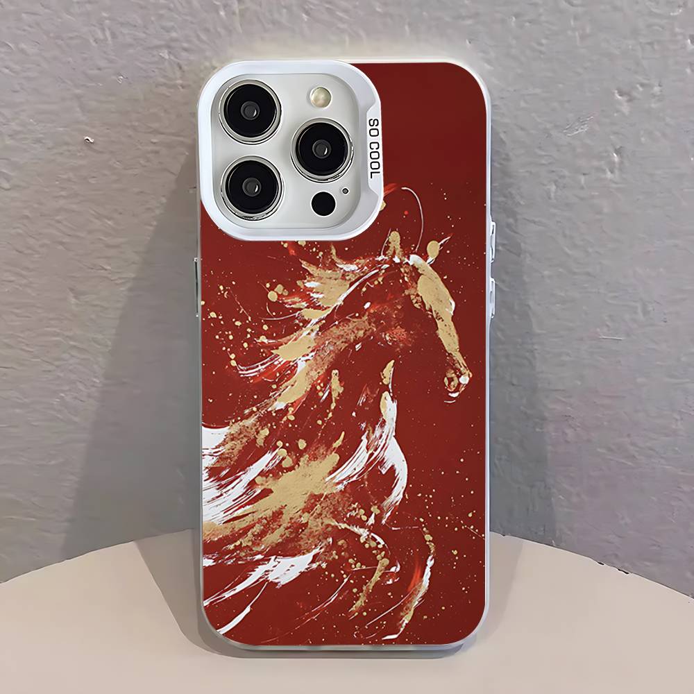 Fashion Chinese-Style Red Horse White Phone Case IMD Color Silver Shell For IPhone 17 16 15 14 13 12 11 Pro Max Plus
