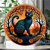 Decorative Black Cat Nature Landscape Print Round Wooden Hanging Plaque Indoor Wall Art Ornament Festival Home Decor Gift for Cat Lovers