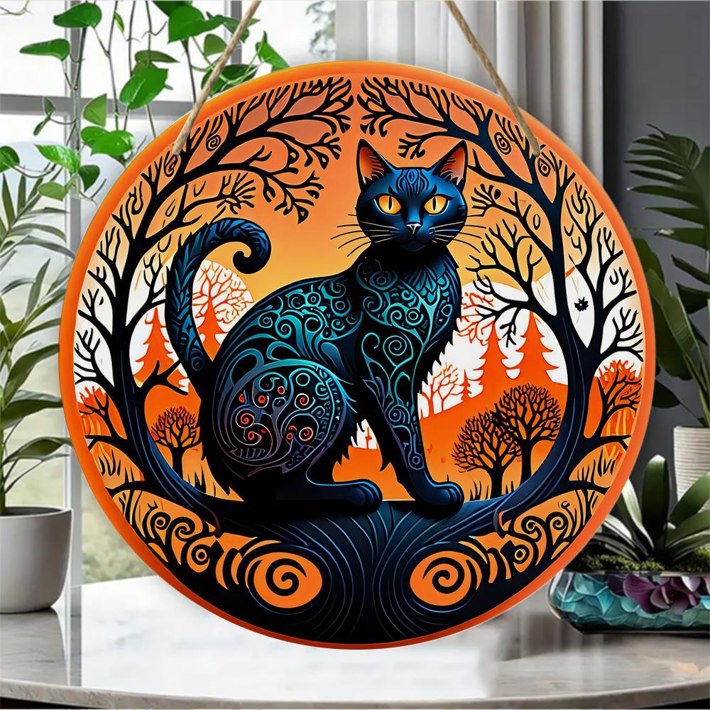 Decorative Black Cat Nature Landscape Print Round Wooden Hanging Plaque Indoor Wall Art Ornament Festival Home Decor Gift for Cat Lovers