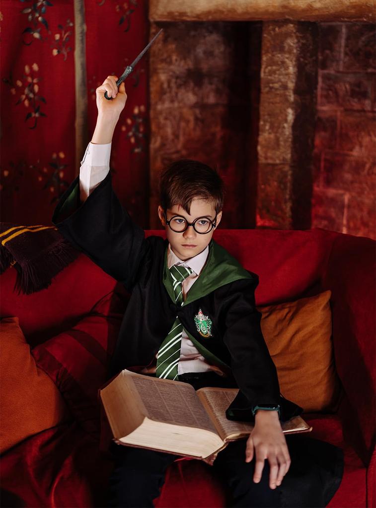 [Sutekus] Harry Potter Robe + Glasses + Tie + Magic Wand 4-Piece Full Costume Set, Unisex, School Style (Slytherin (Green), L (170~175cm))