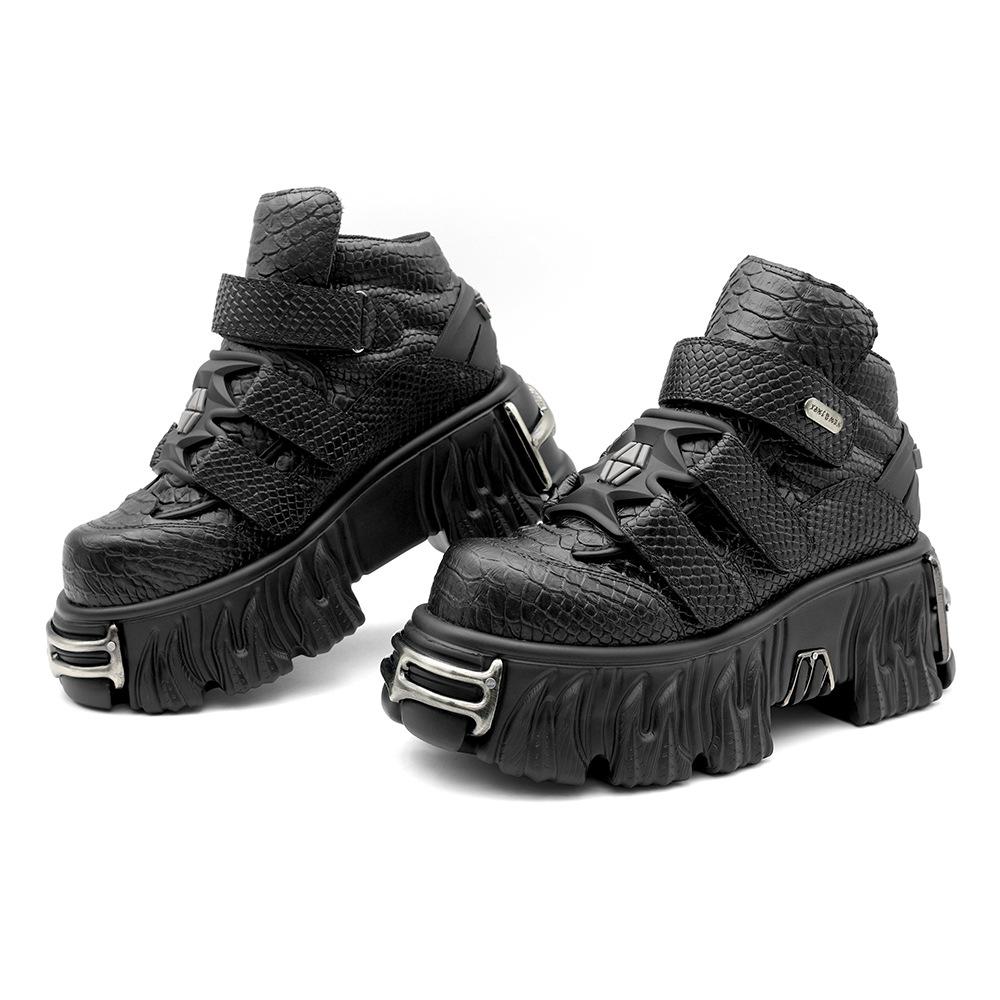 Punk Platform Boots Women Black Snake Print Chunky Sole High Top Shoes