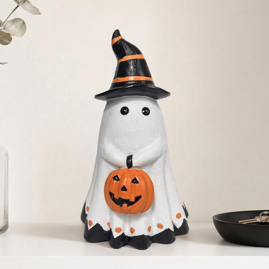 Durable Halloween Decoration Ghost Figurine, Cute Wearing Hat And Holding Home Decor Pumpkin Statue, Resin Ornament for Shelf Tabletop Realistic