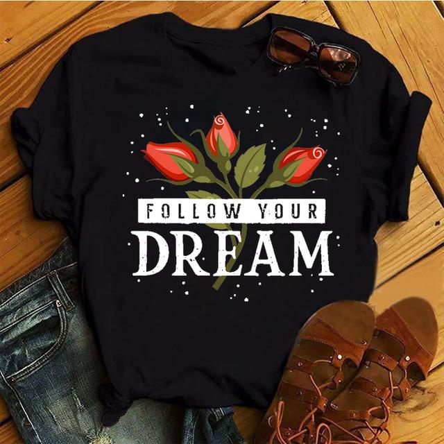 Fashion Women T Shirt Flower Printed T Shirt Casual Black Tops 90s Ladies Girl Tee Shirt Female Harajuku Graphic T -Shirt