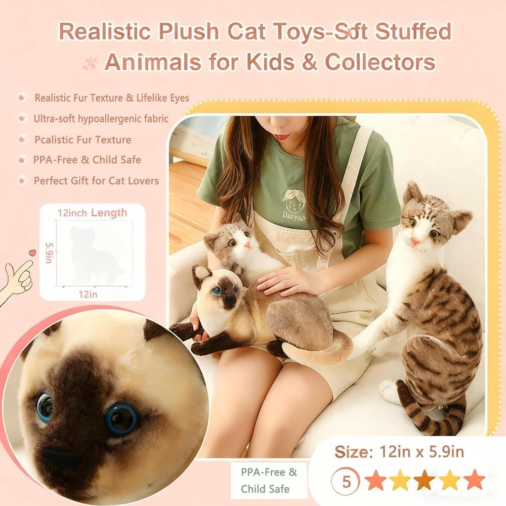 12-inch Siamese Cat Plush Toy, Shorthair, Realistic, Cute, Animal-like, Simulated Pet, Perfect for Kids, Kindergarten Entrance Ceremonies, Birthdays,