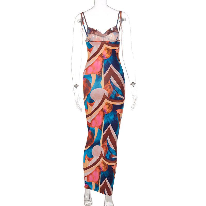 Vestito da donna primaverile senza maniche con stampa senza spalline, estivo, casual, sottile, alla caviglia, senza schienale, a vita alta, con spacco