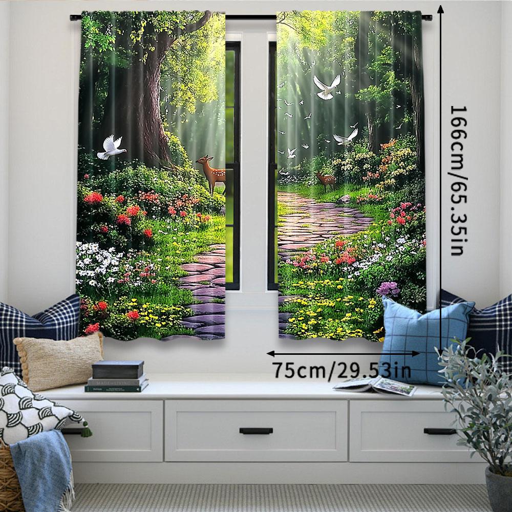 2Pcs Funny Deer Forest Green Leaves Curtain Perfect For Living Room Game Room Bedroom Kitchen Multi Scene Decorative Home Decor